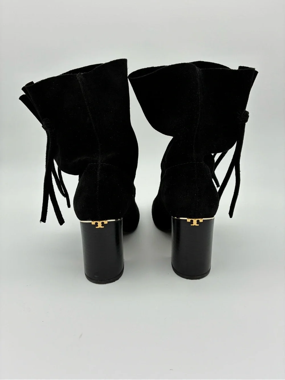 Tory Burch - Gigi Black Suede Ankle Boot with Gold-Trim Block Heel Fringe Tassel
